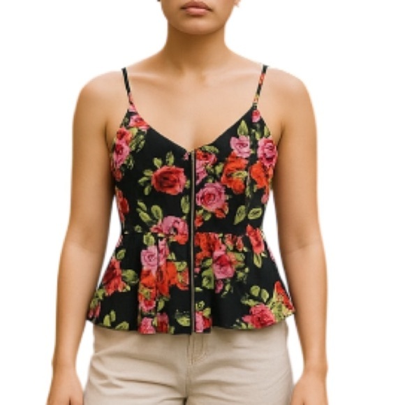 ECLIPSE Rose Floral Peplum Top Zip Embellished Spaghetti Strap Black Red Pink M - Picture 1 of 9